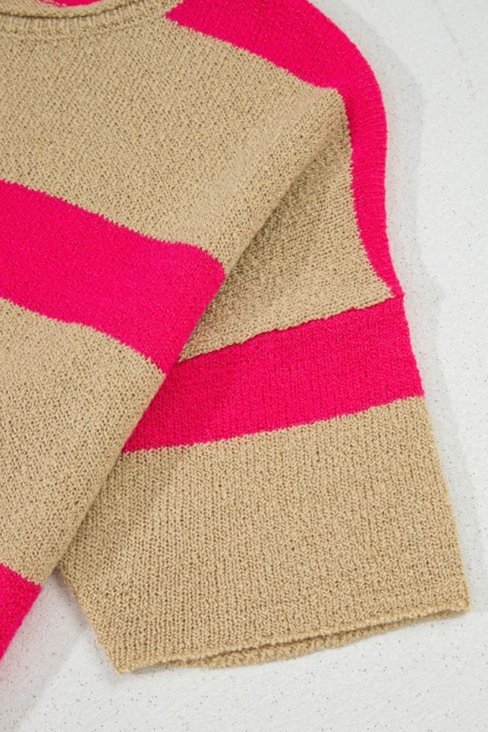 Contrast Striped Crew Neck Lightweight Knit Top - felvior