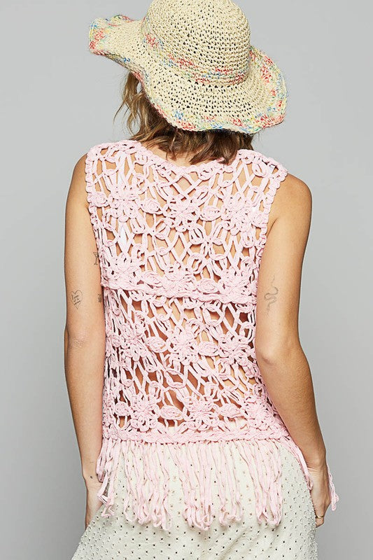 POL Fringe Round Neck Sleeveless Crochet Knit Cover Up - felvior
