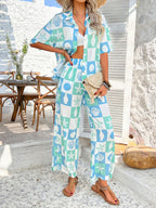 Devine Printed Collared Neck Half Sleeve Top and Pants Set