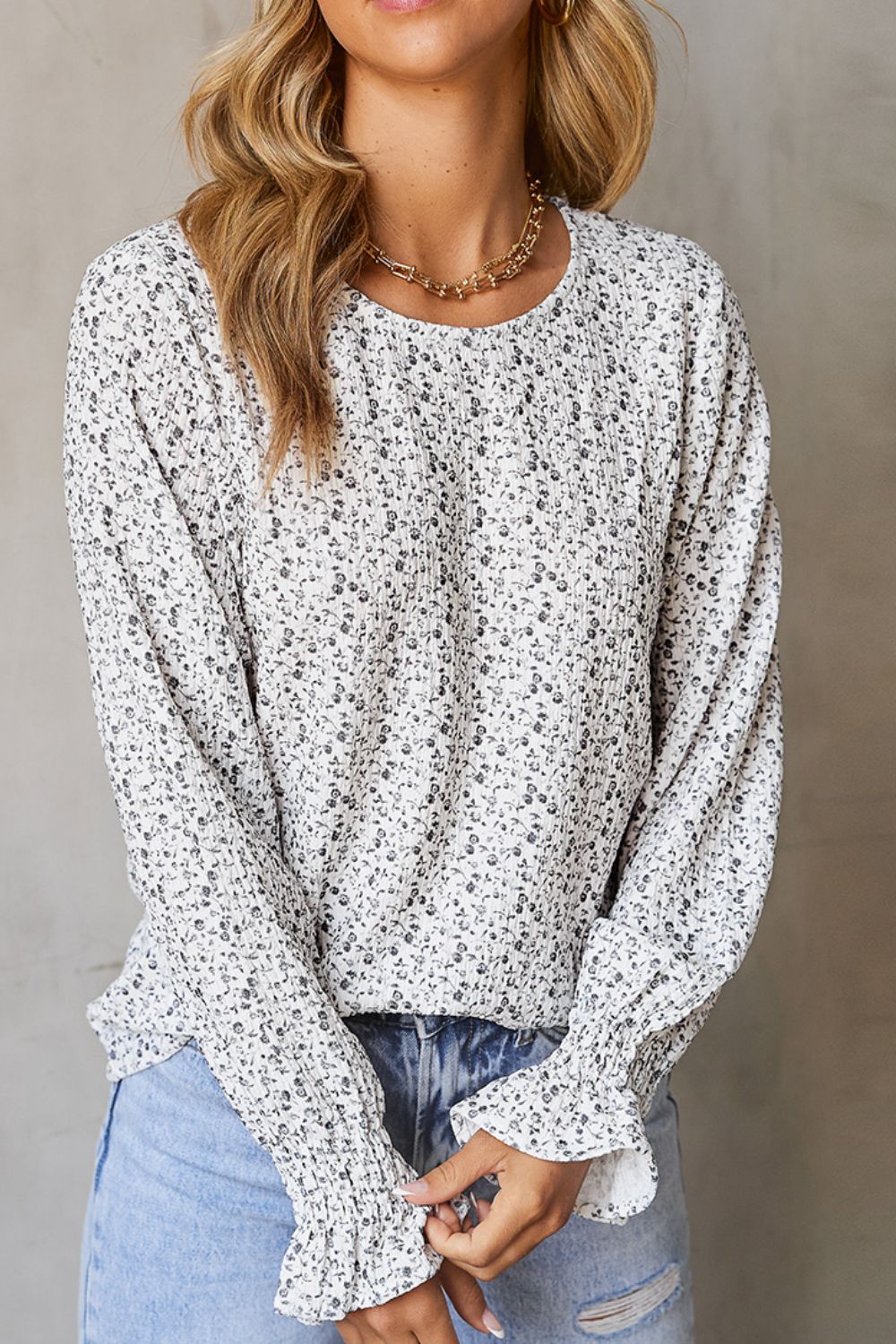 Printed Round Neck Flounce Sleeve Blouse