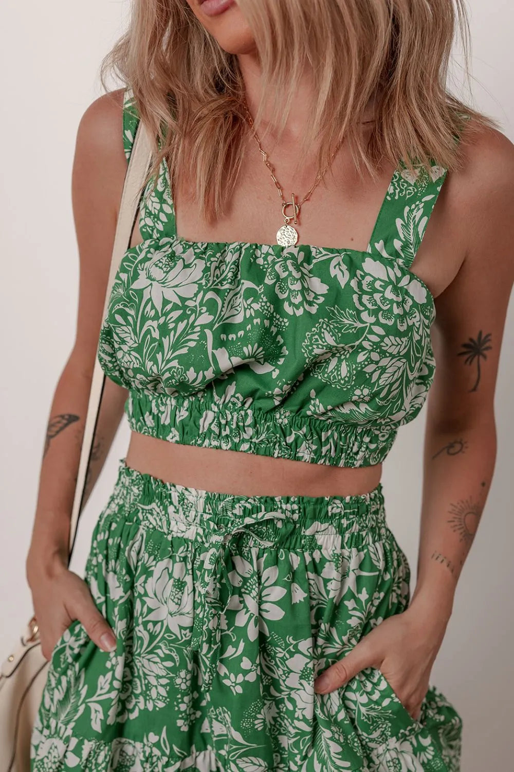 Floral Print Shirred Crop Top and Midi Skirt Set - felvior