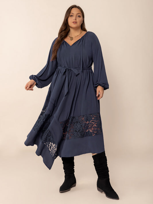 Plus Size Lace Detail Tie Neck Long Sleeve Midi Dress - felvior