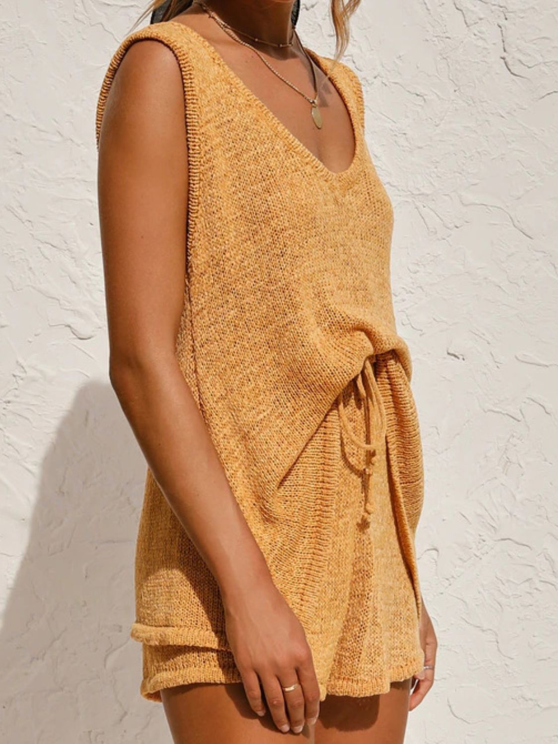 V-Neck Sleeveless Top and Drawstring Shorts Sweater Set - felvior