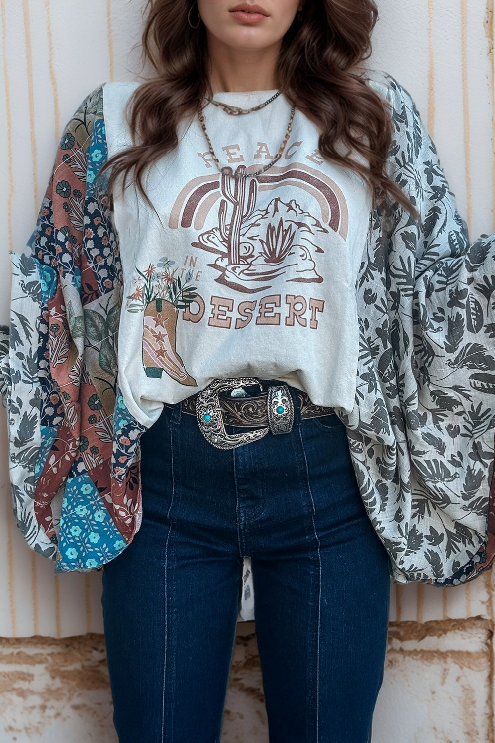 Peace Desert Graphic Asymmetric Printed Patchwork Sleeve Top Main image