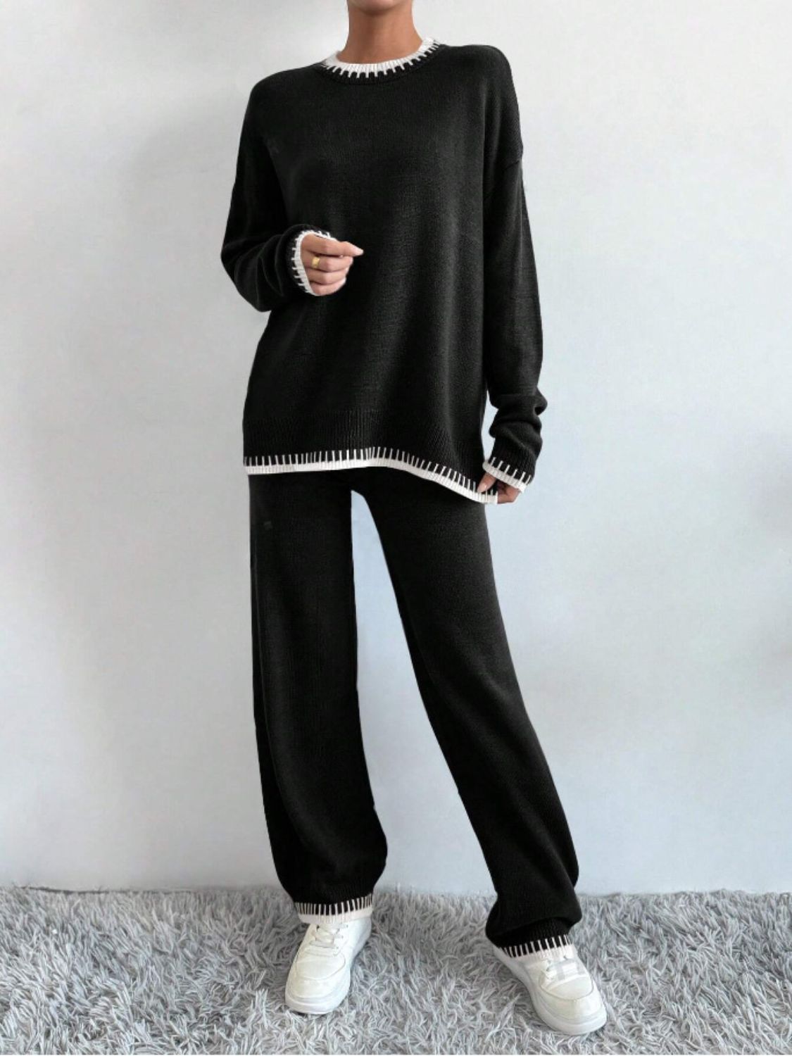 Side Slit Contrast Trim Round Neck Top and Pants Sweater Set - felvior