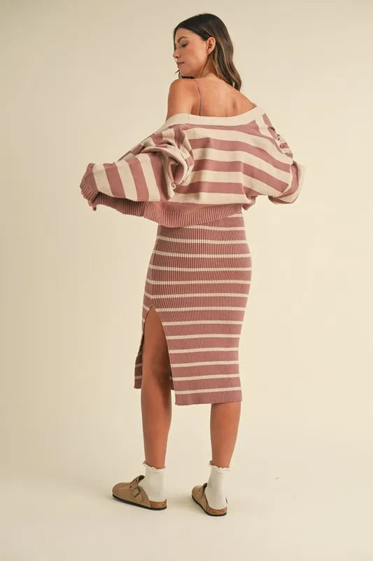 MABLE Stripe Crop Cardigan and Bodycon Dress Sweater Set - felvior