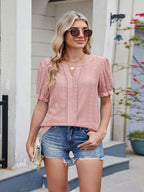 Eyelet Notched Short Sleeve Top