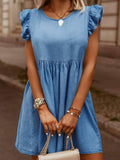 Full Size Ruffled Round Neck Cap Sleeve Denim Dress - felvior