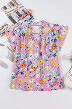 Printed Notched Double Layered Ruffle Sleeve Blouse