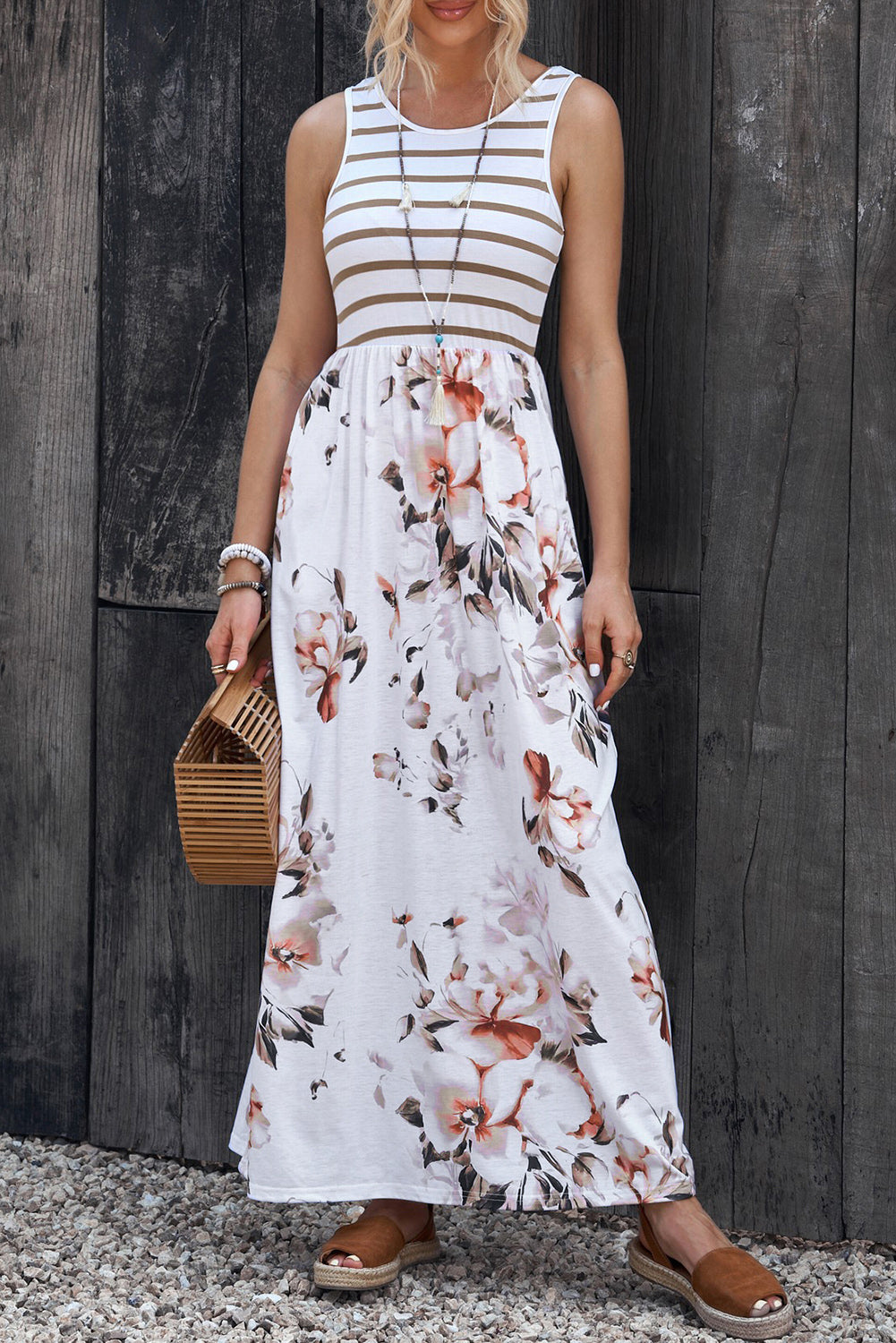 Striped Floral Round Neck Sleeveless Maxi Dress - felvior