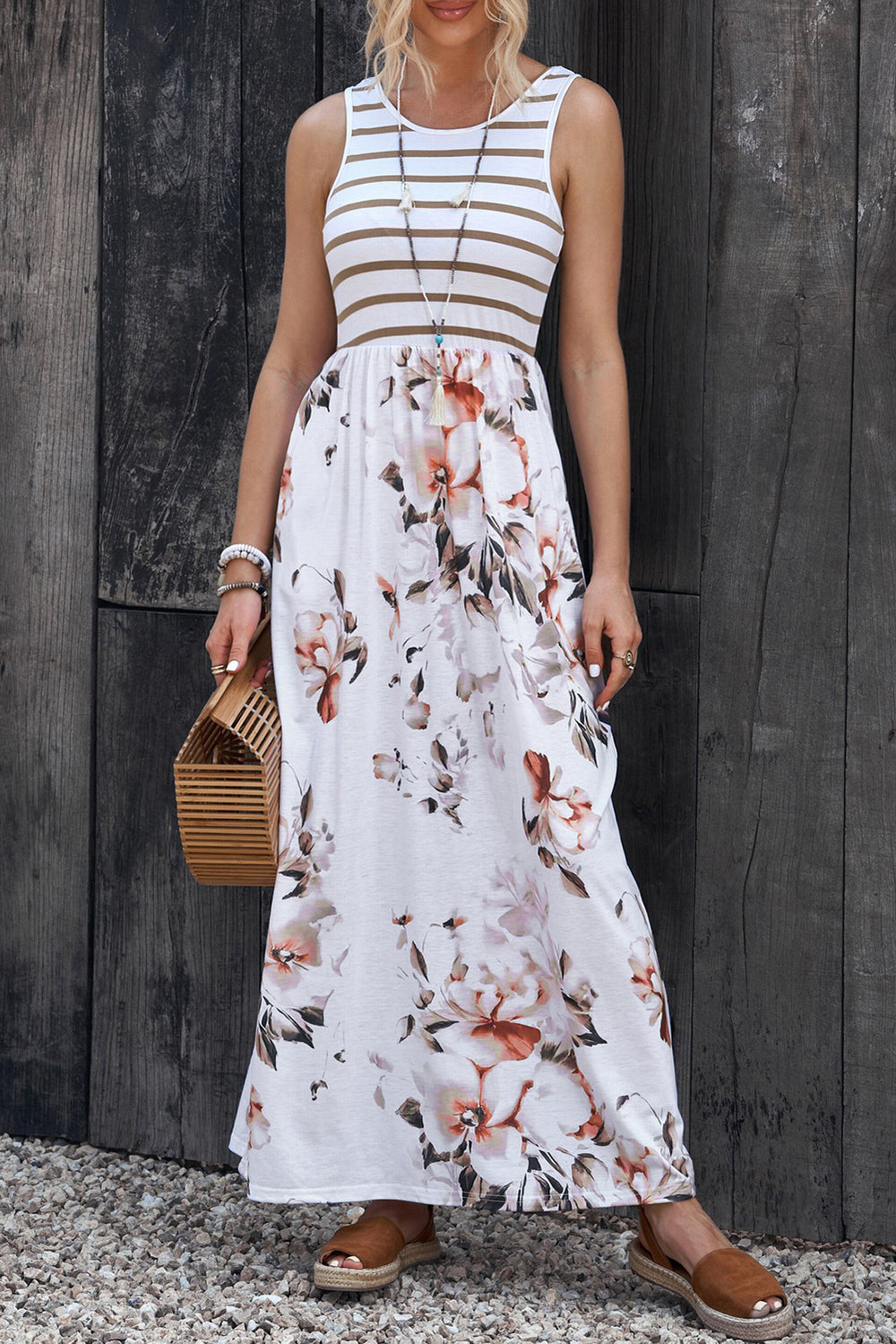 Striped Floral Round Neck Sleeveless Maxi Dress - felvior