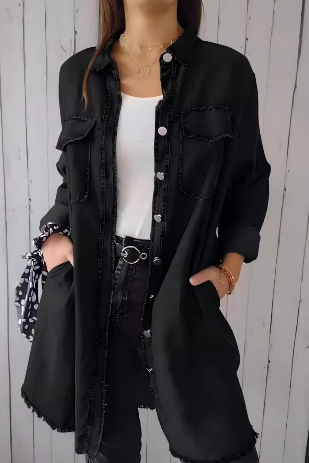 Full Size Raw Hem Button Up Long Sleeve Denim Top Plus Size - felvior