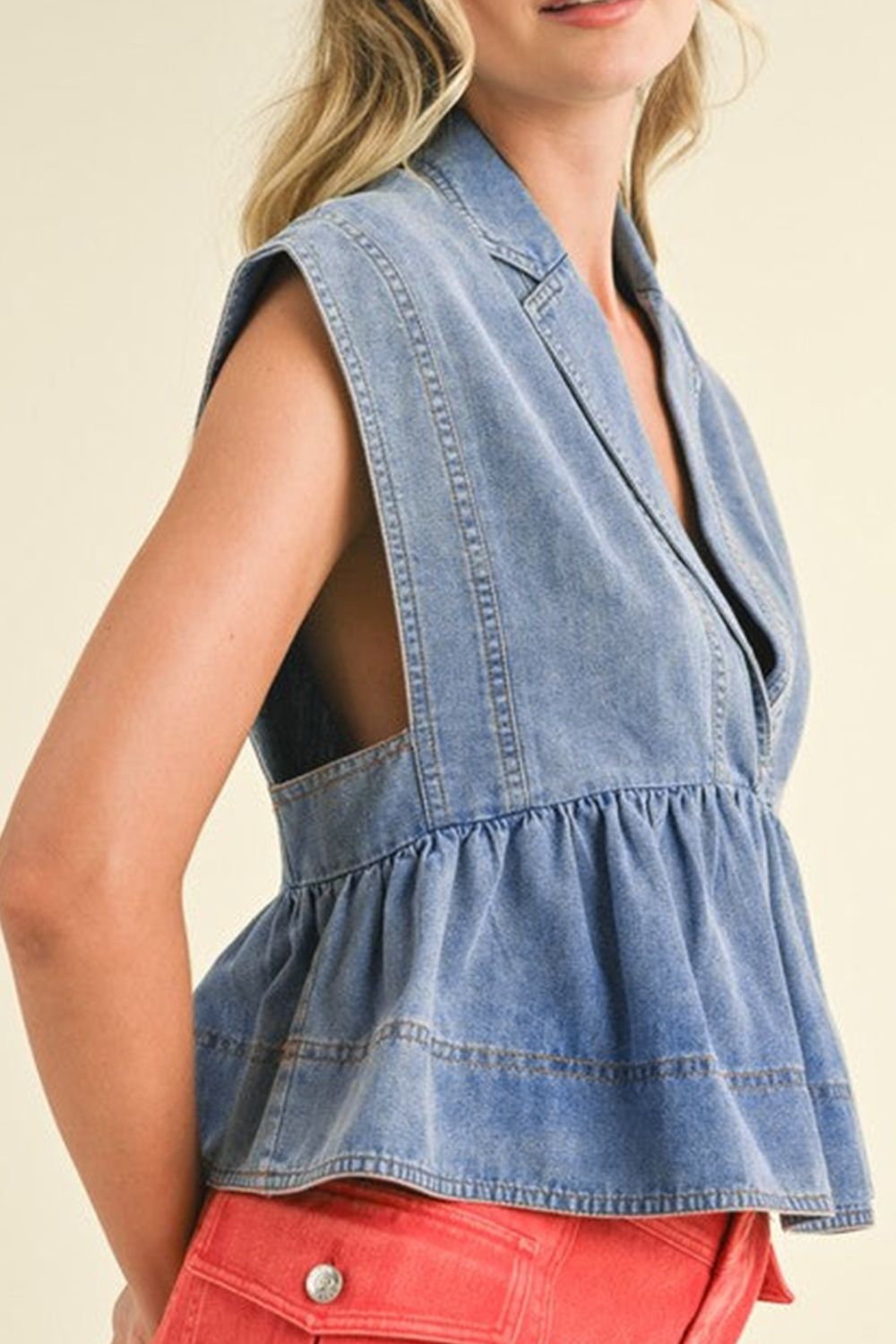 Lapel Collar Peplum Denim Top