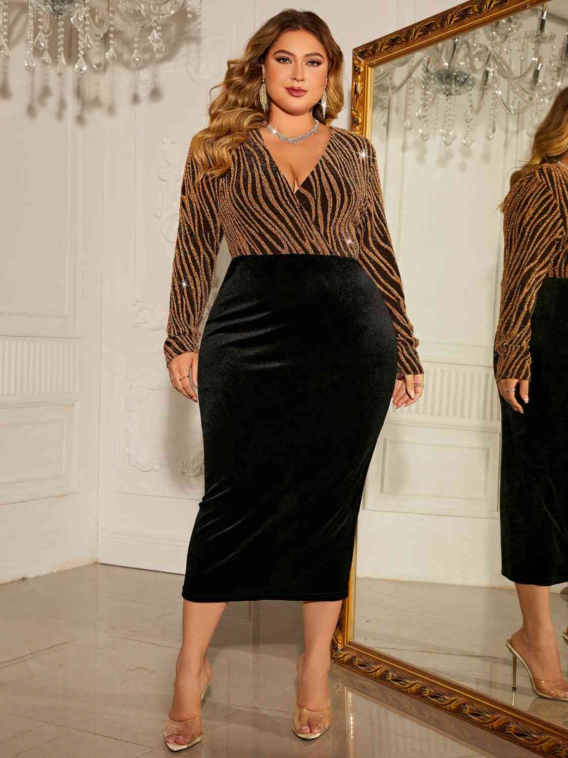 Honey Plus Size Surplice Neck Long Sleeve Slit Dress - felvior