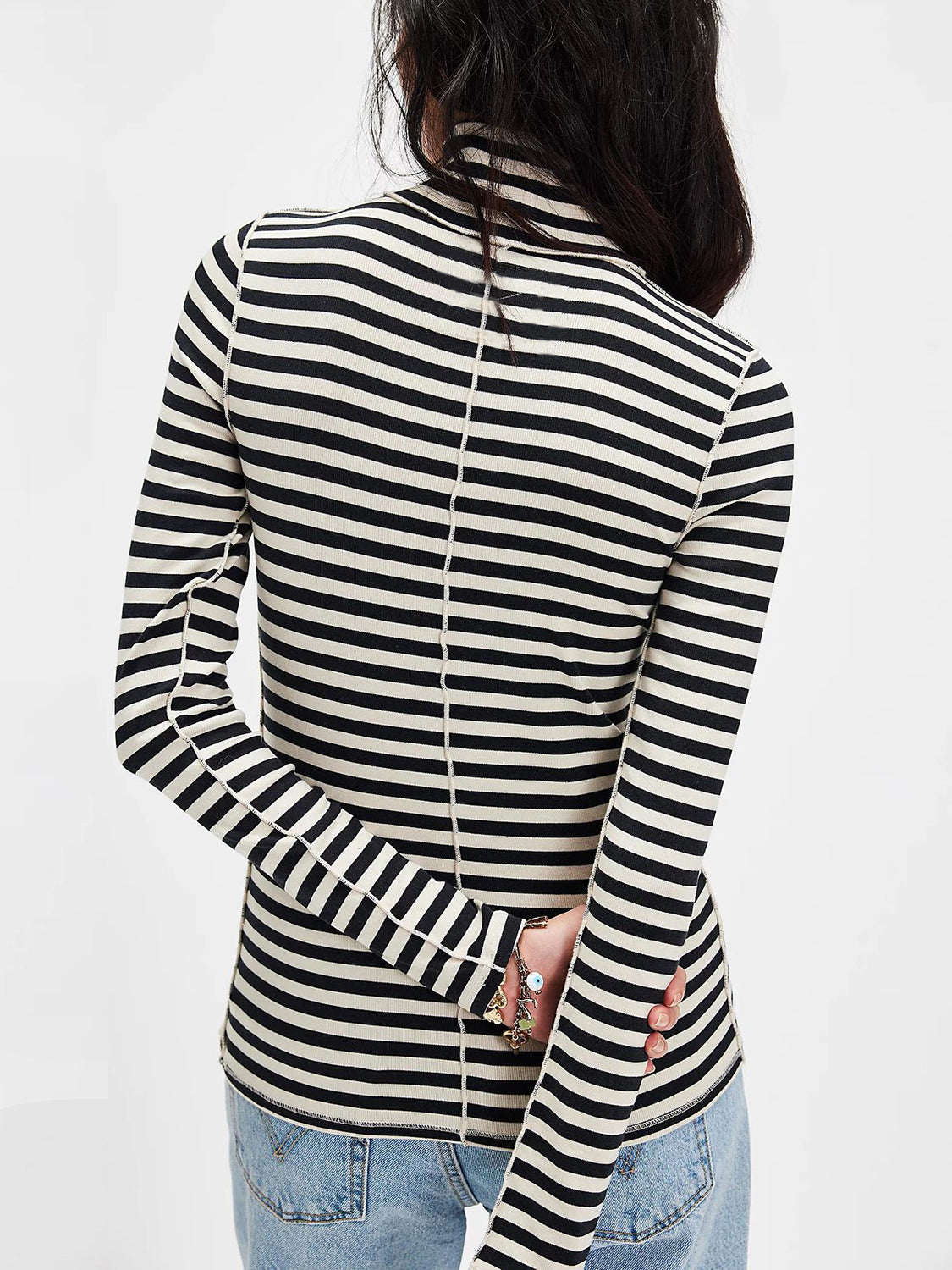 Exposed Seam Striped Turtleneck Long Sleeve T-Shirt Secondary image