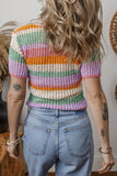 Contrast Striped V Neck Short Sleeve Pointelle Knit Top - felvior