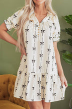 Frill Bow Print Notched Short Sleeve Mini Dress
