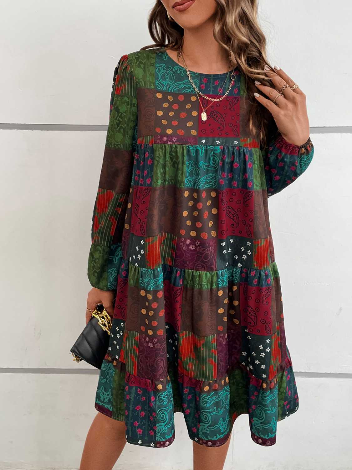 Patchwork Round Neck Long Sleeve Dress - felvior