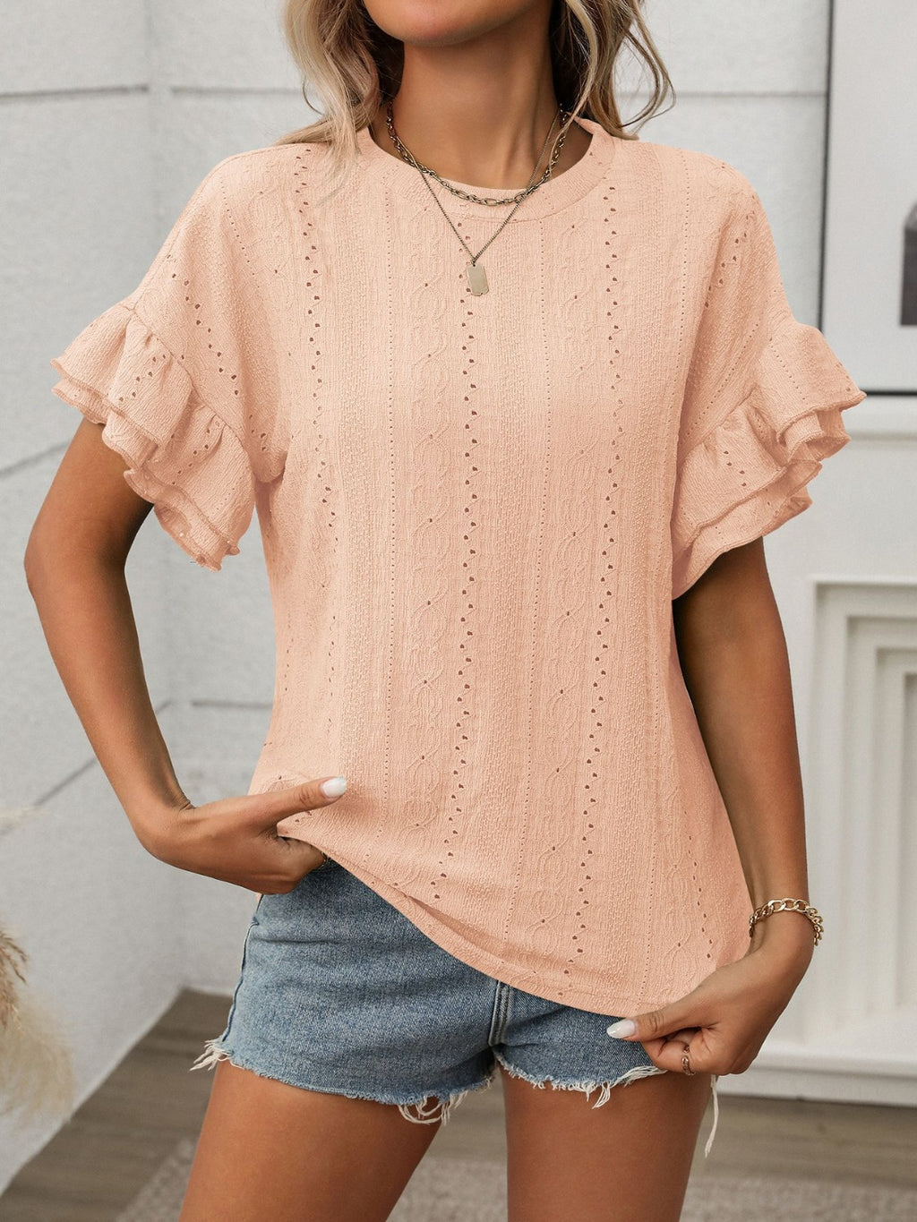 Eyelet Round Neck Flounce Sleeve Top