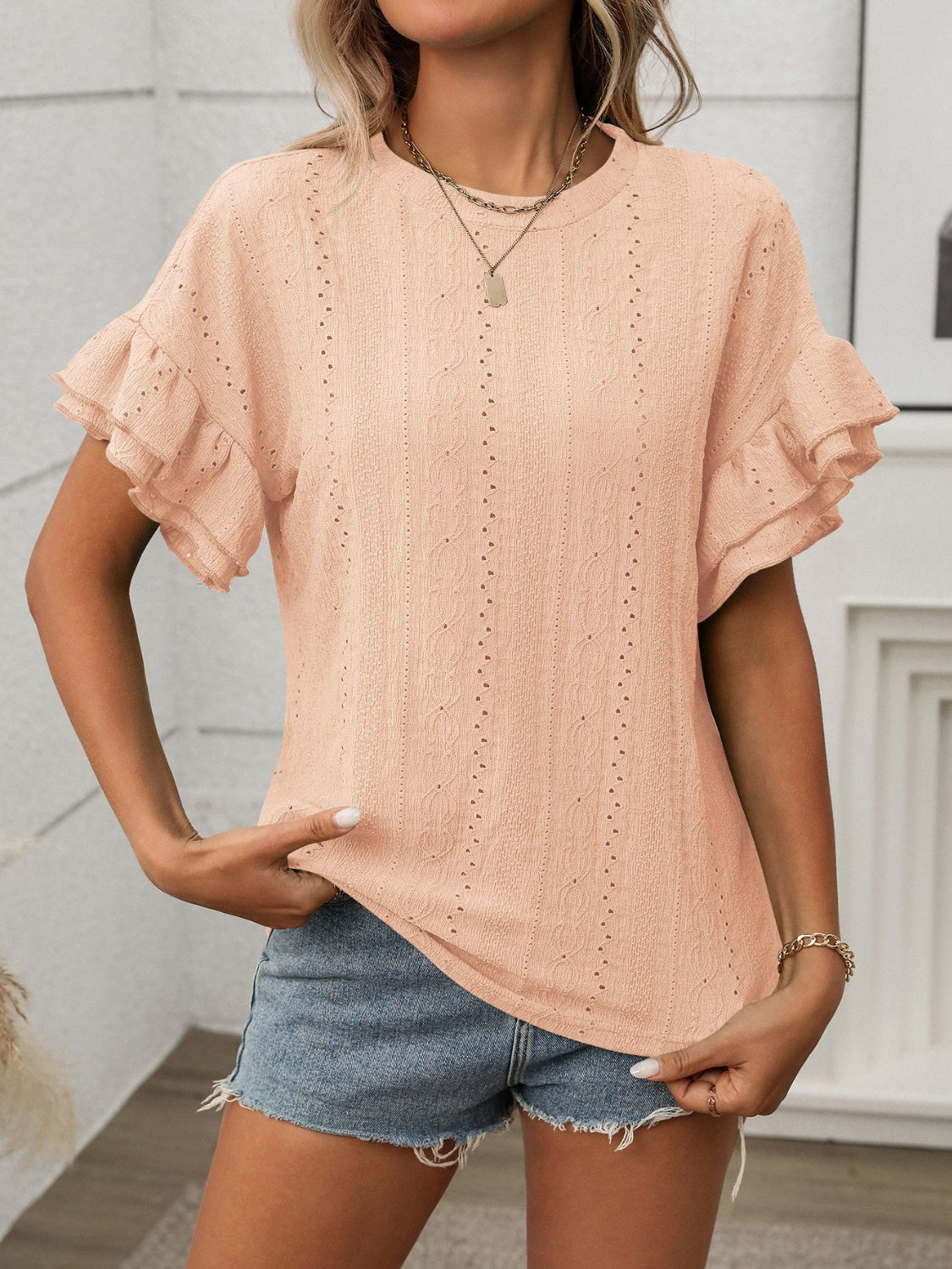 Eyelet Round Neck Flounce Sleeve Top