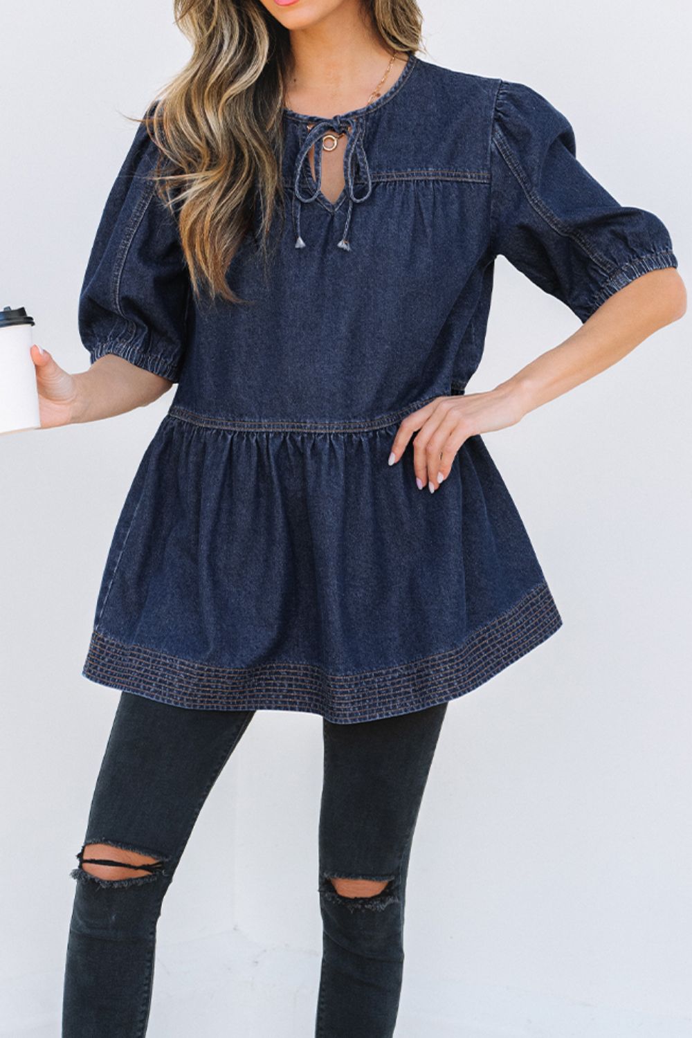 Tie Neck Babydoll Denim Top - felvior