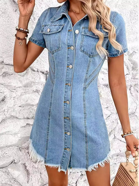 Raw Hem Button Up Short Sleeve Denim Dress - felvior