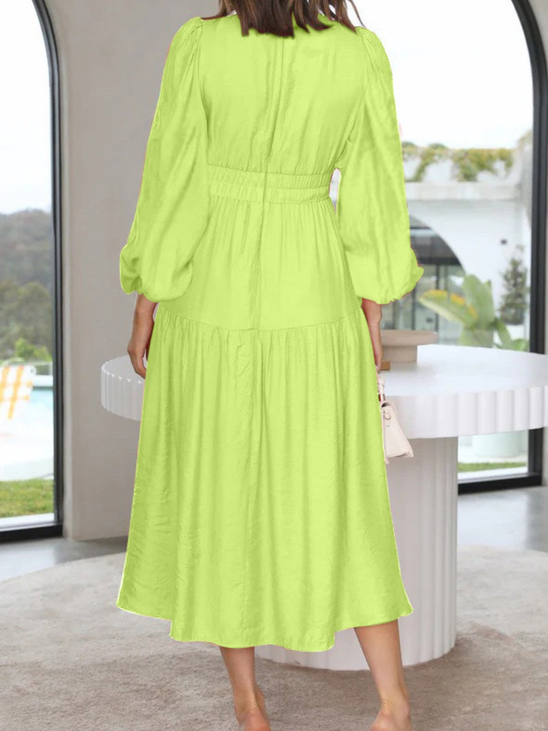 Deep V-Neck Balloon Sleeve Plain Maxi Dress - felvior