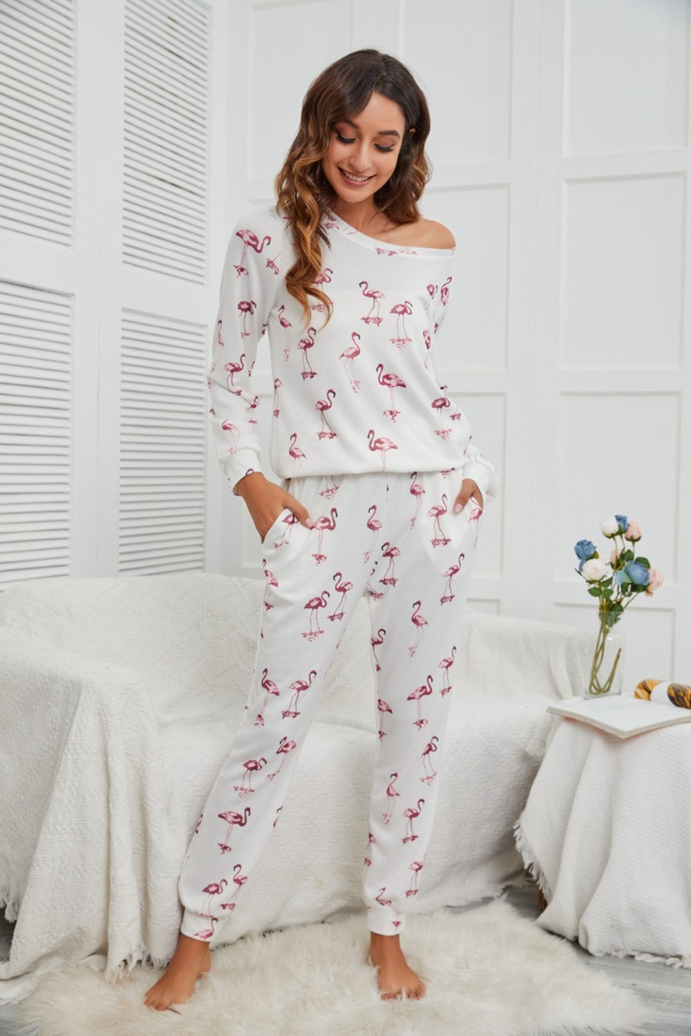Flamingo Long Sleeve Top and Pants Lounge Set - felvior