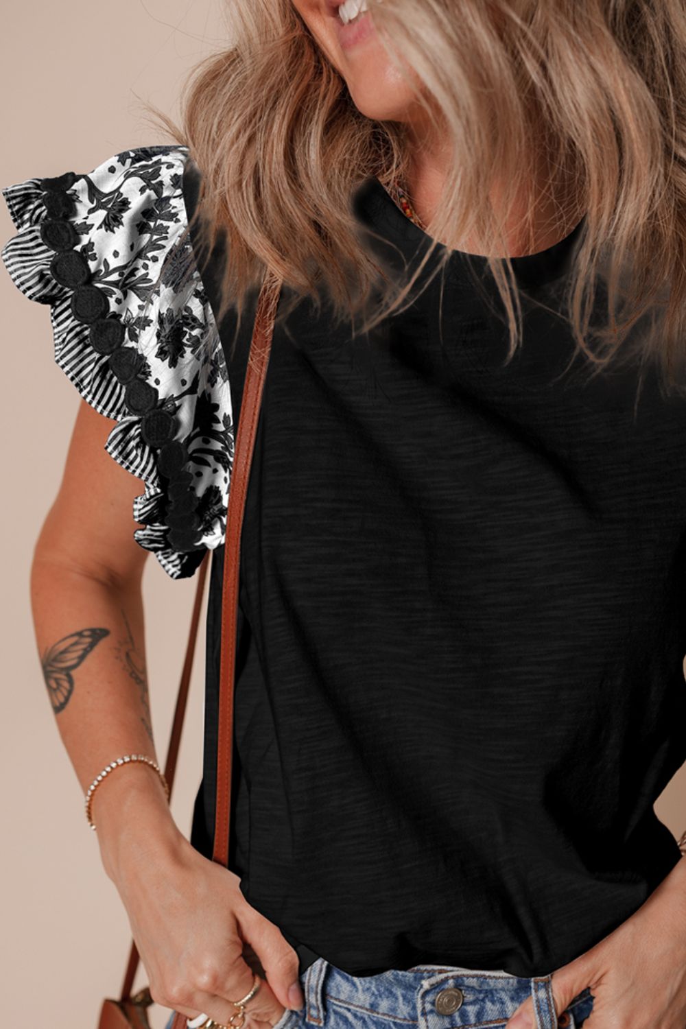 Round Neck Printed Ruffled Cap Sleeve Blouse - felvior