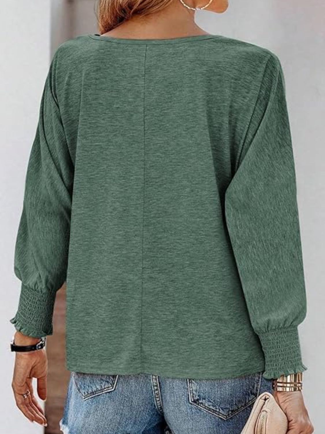 Round Neck Smocked Lantern Sleeve T-Shirt - felvior
