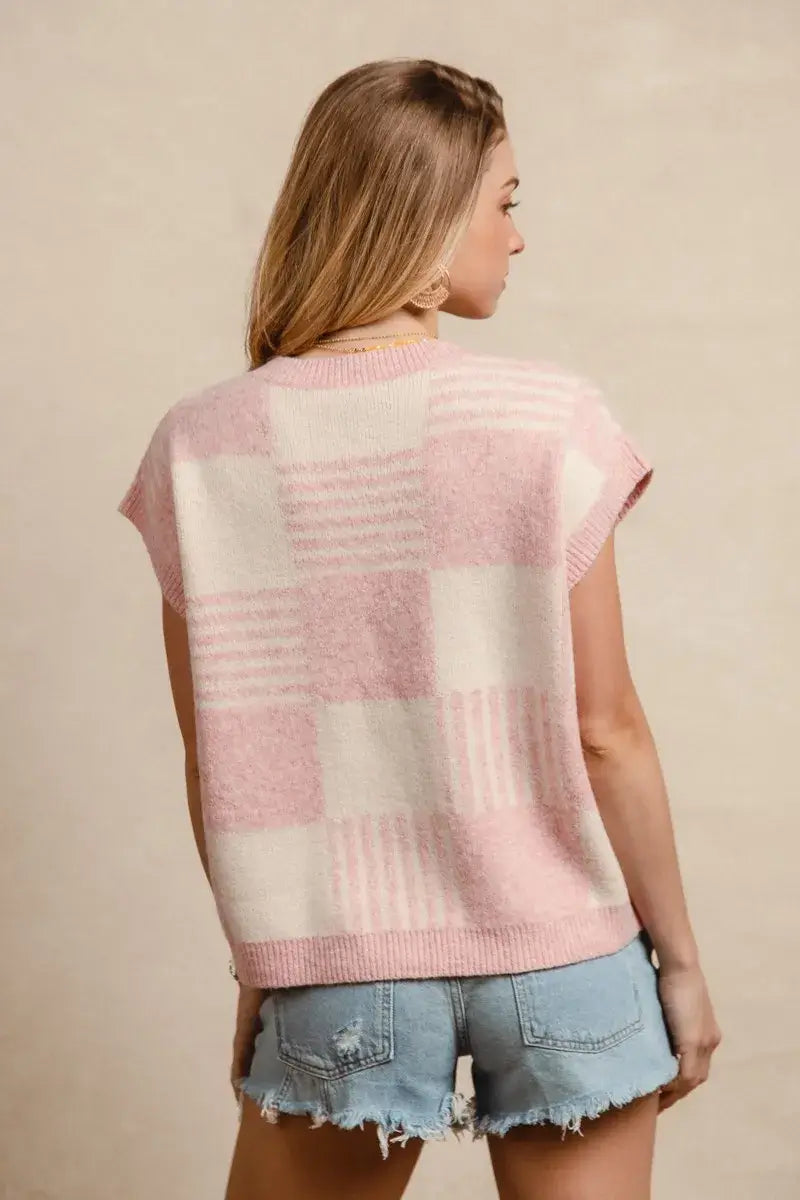 BiBi Checker With Stripes Pattern Sleeveless Sweater