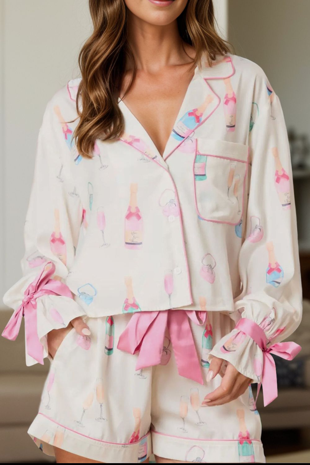 Bow Printed Collared Neck Top and Drawstring Shorts Lounge Set - felvior