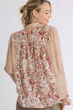 Umgee Full Size Mixed Print Metallic Detail Long Ruffle Sleeve Button Down Shirt Plus Size - felvior