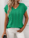 Cable-Knit V-Neck Short Sleeve Knit Top - felvior