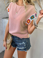 Devine Swiss Dot Round Neck Crochet Short Sleeve Top