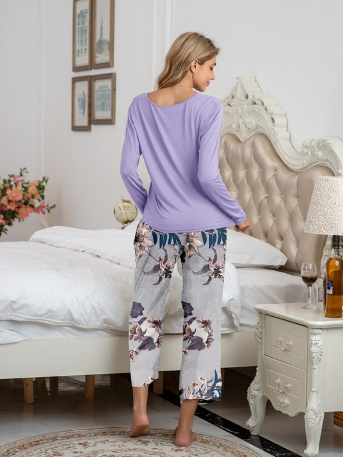 Round Neck Top and Printed Pants Lounge Set - felvior
