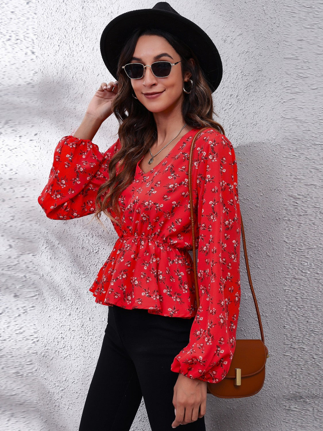 Floral V-Neck Balloon Sleeve Peplum Blouse - felvior