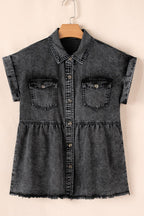 Short Sleeve Flap Pocket Button Up Raw Hem Denim Shirt