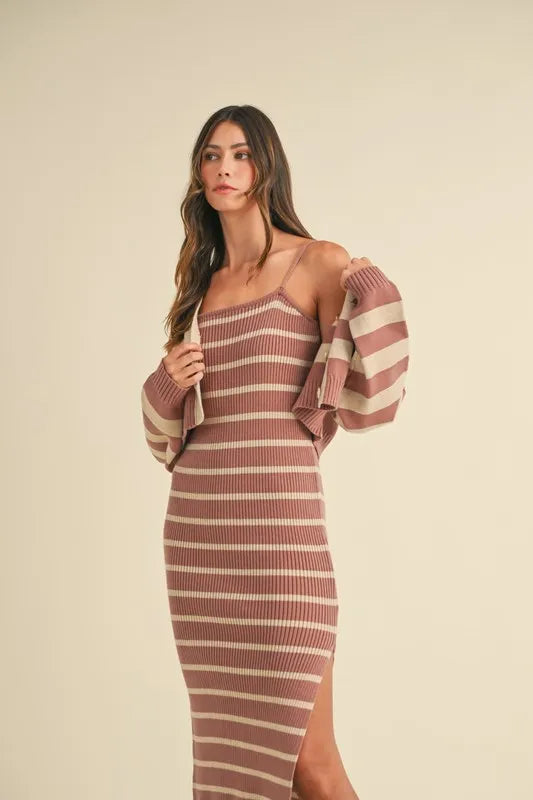 MABLE Stripe Crop Cardigan and Bodycon Dress Sweater Set - felvior