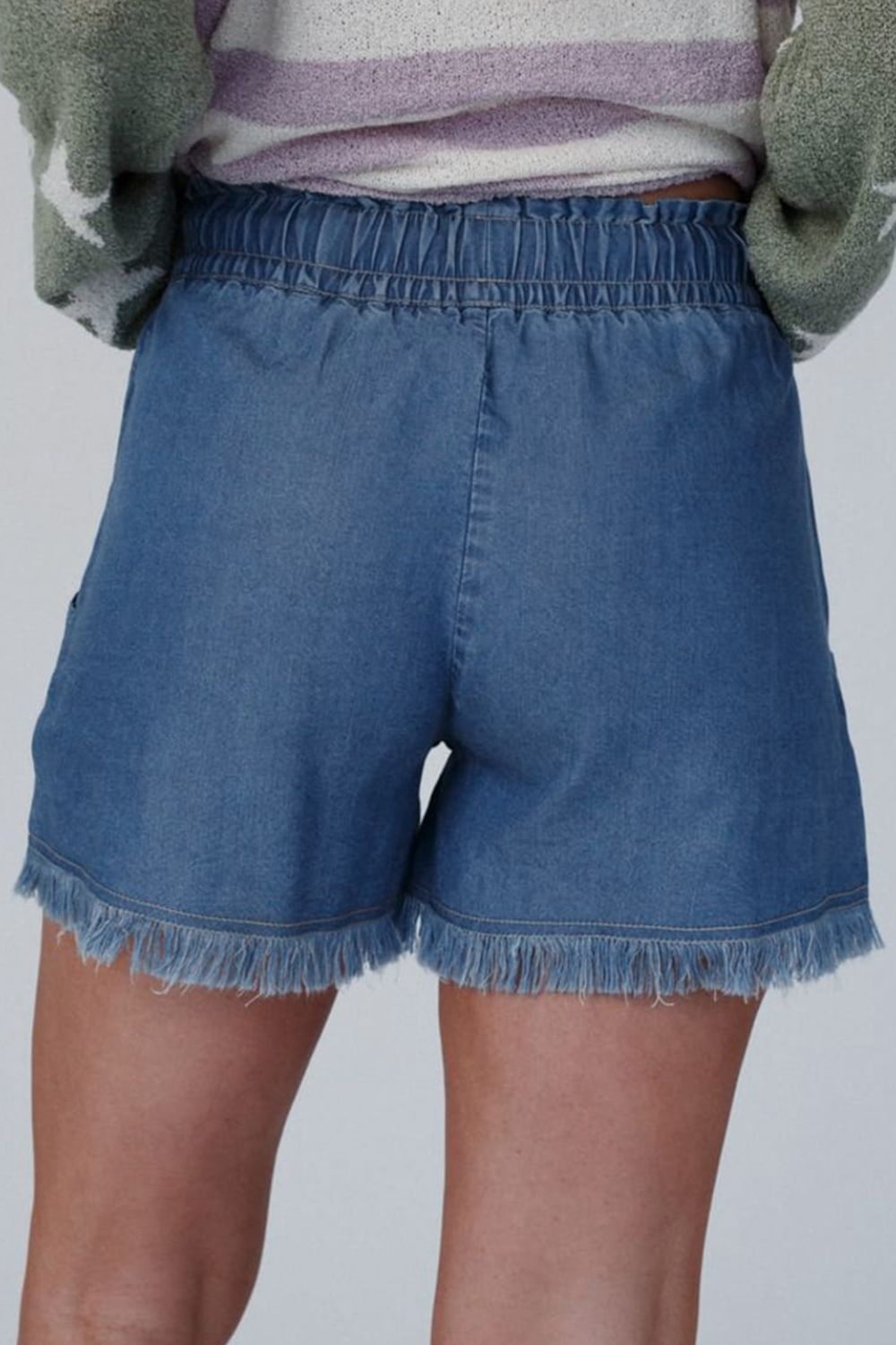 Raw Hem Drawstring High Waist Denim Shorts with Pockets - felvior