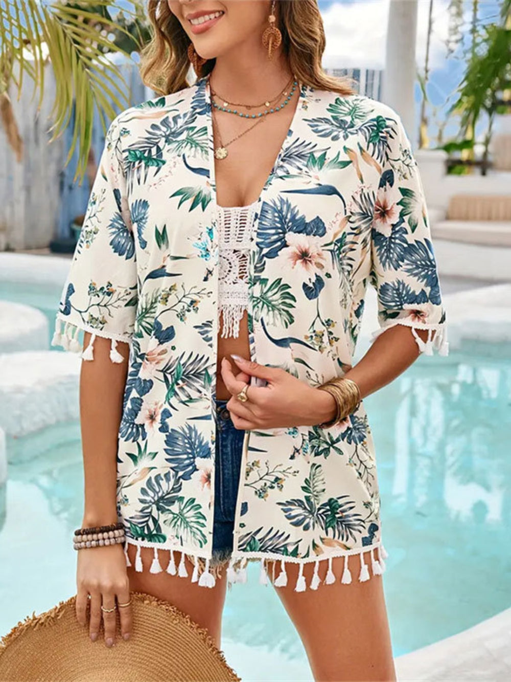 Tassel Printed Open Front Half Sleeve Cover-Up - felvior