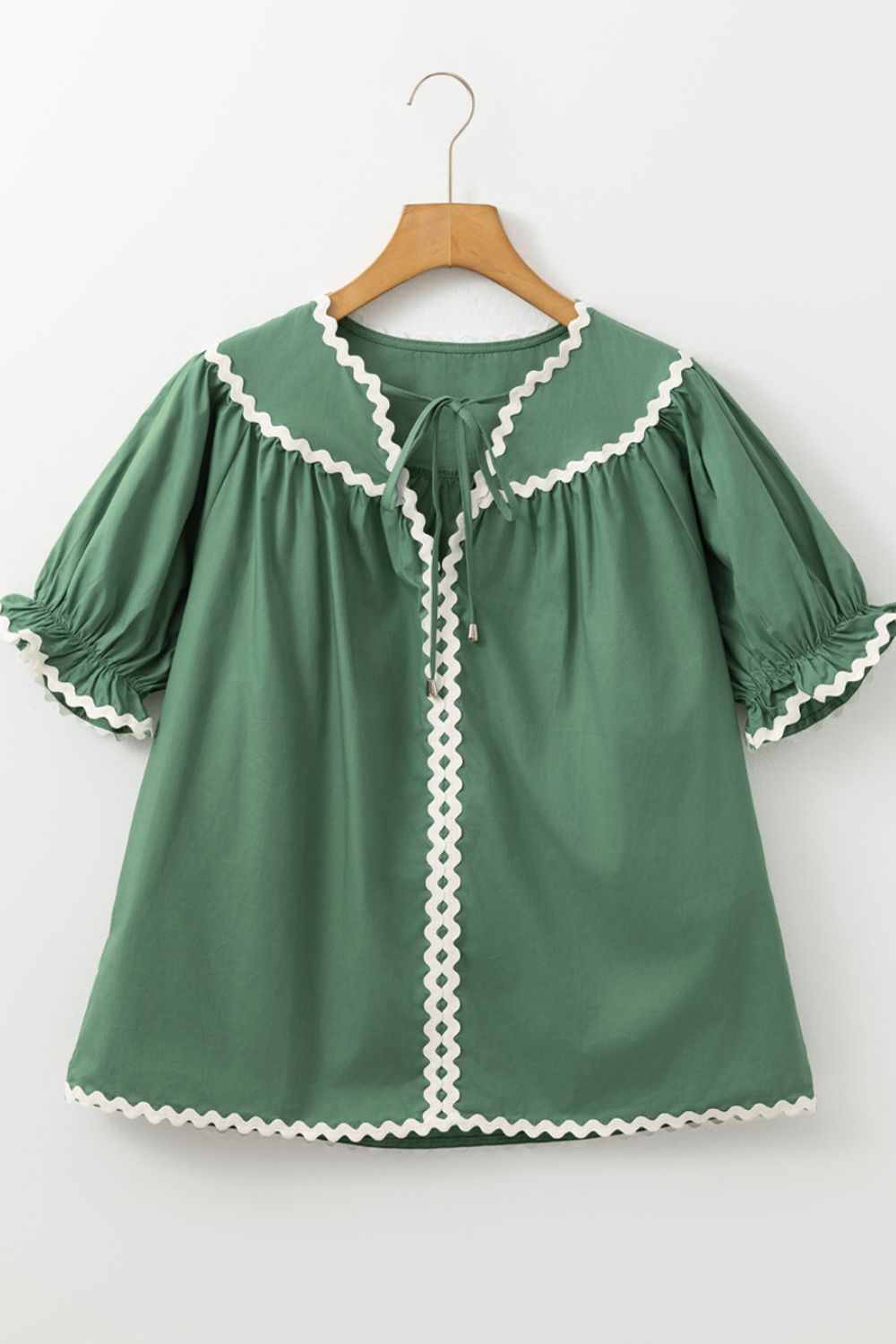 Ric Rac Trim Tie Neck Short Sleeve Blouse