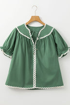 Ric Rac Trim Tie Neck Short Sleeve Blouse