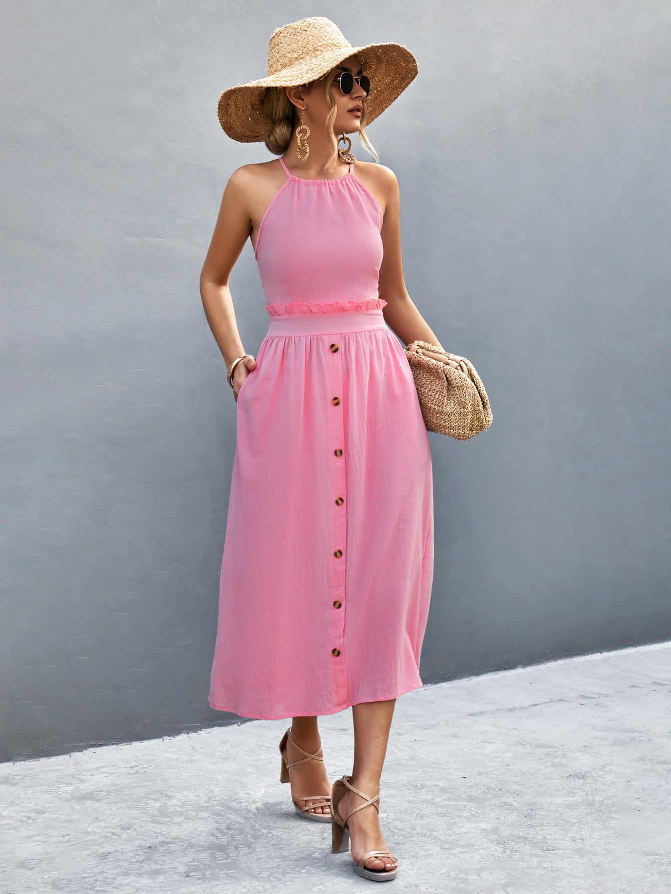 Buttoned Halter Neck Frill Trim Midi Dress - felvior