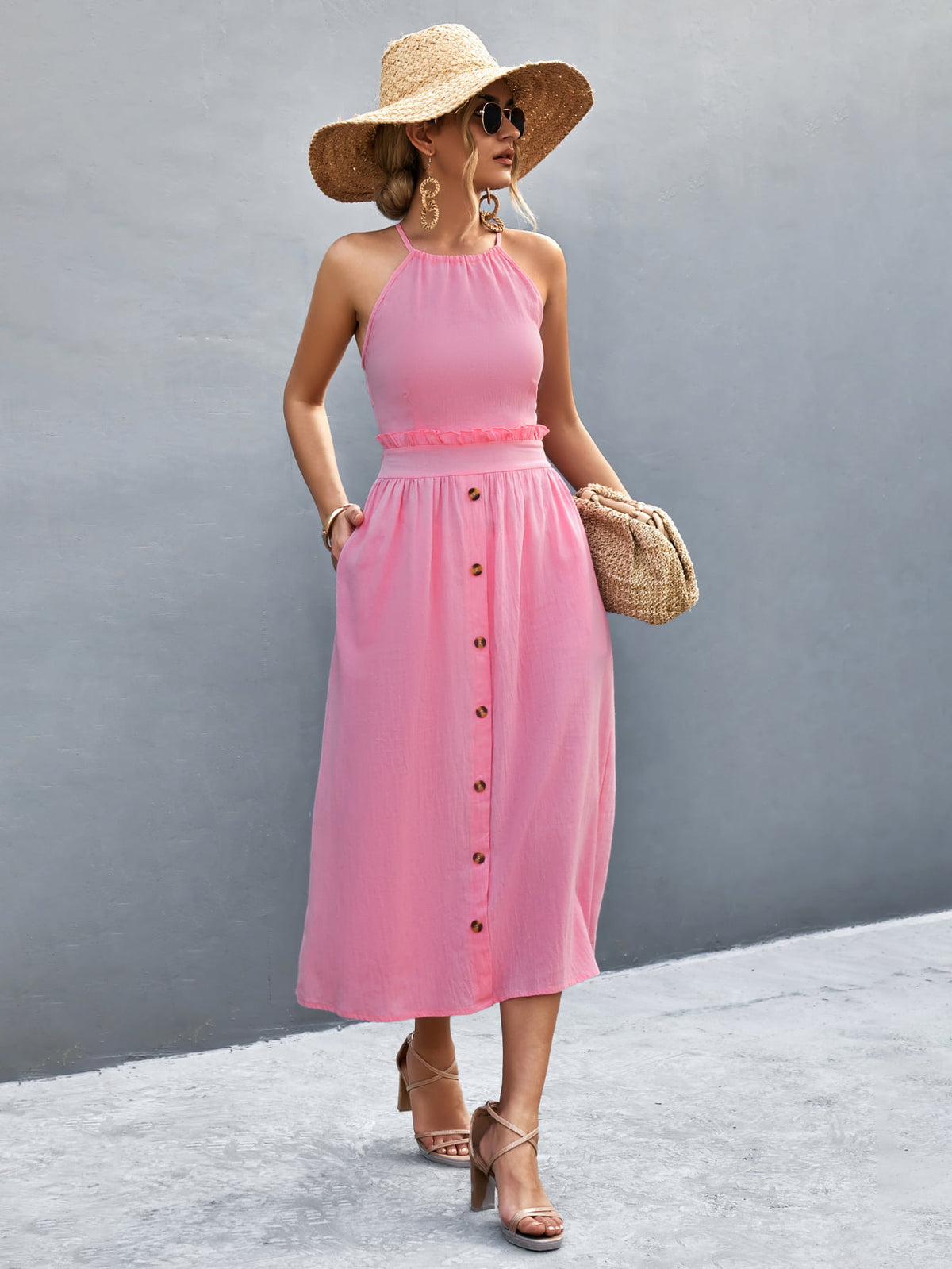 Buttoned Halter Neck Frill Trim Midi Dress - felvior