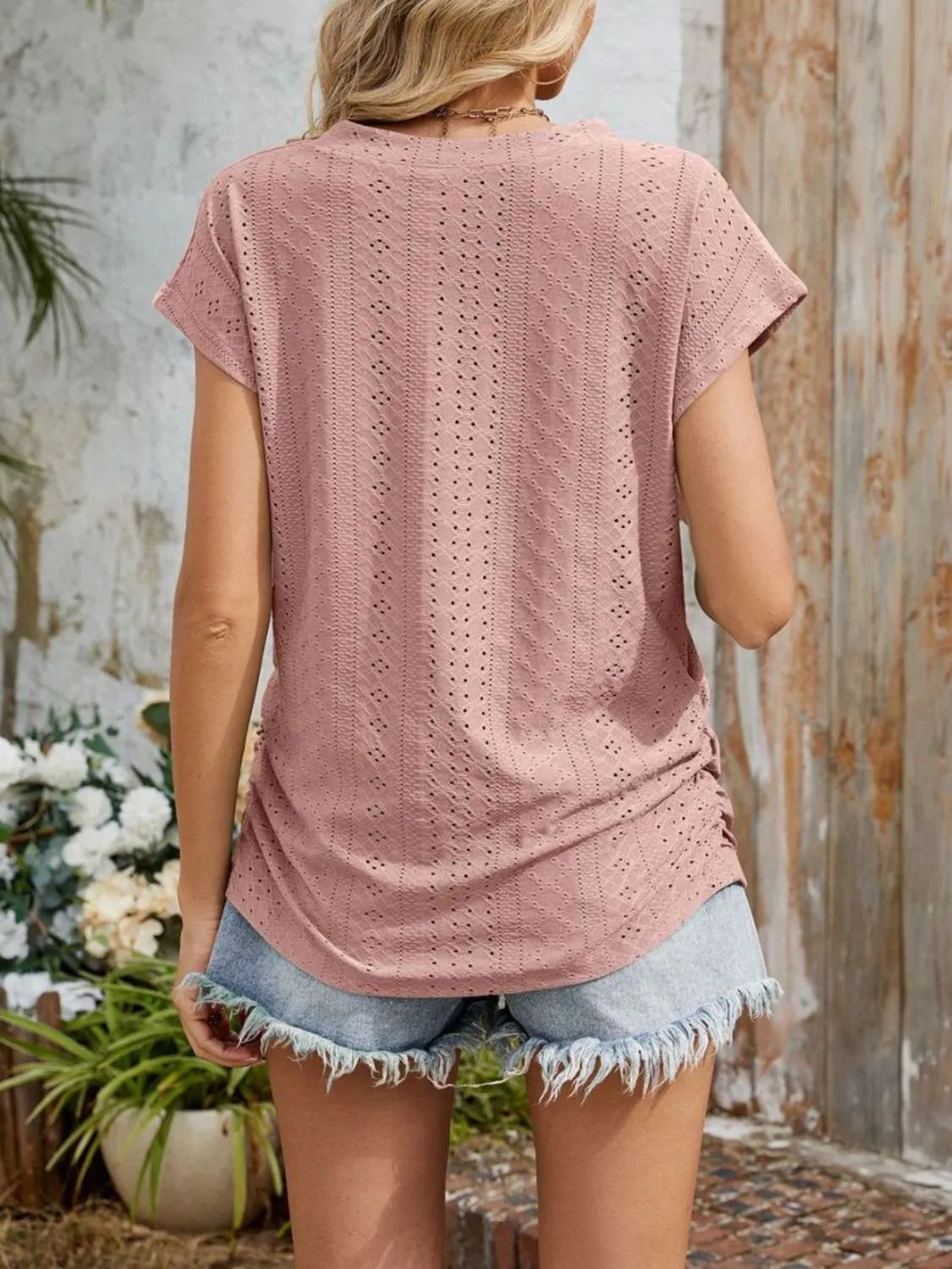 Eyelet V-Neck Short Sleeve Top - felvior