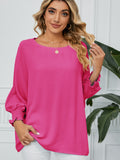 Smocked Lantern Sleeve Round Neck Blouse - felvior