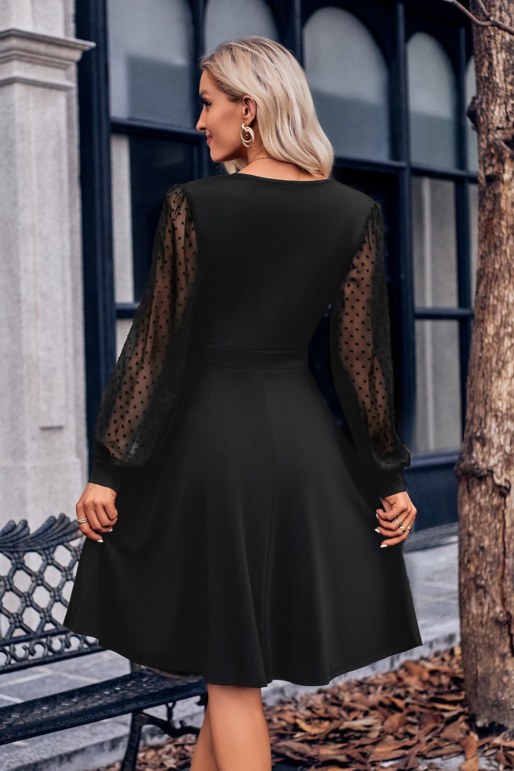 Surplice Neck Swiss Dot Long Sleeve Dress - felvior