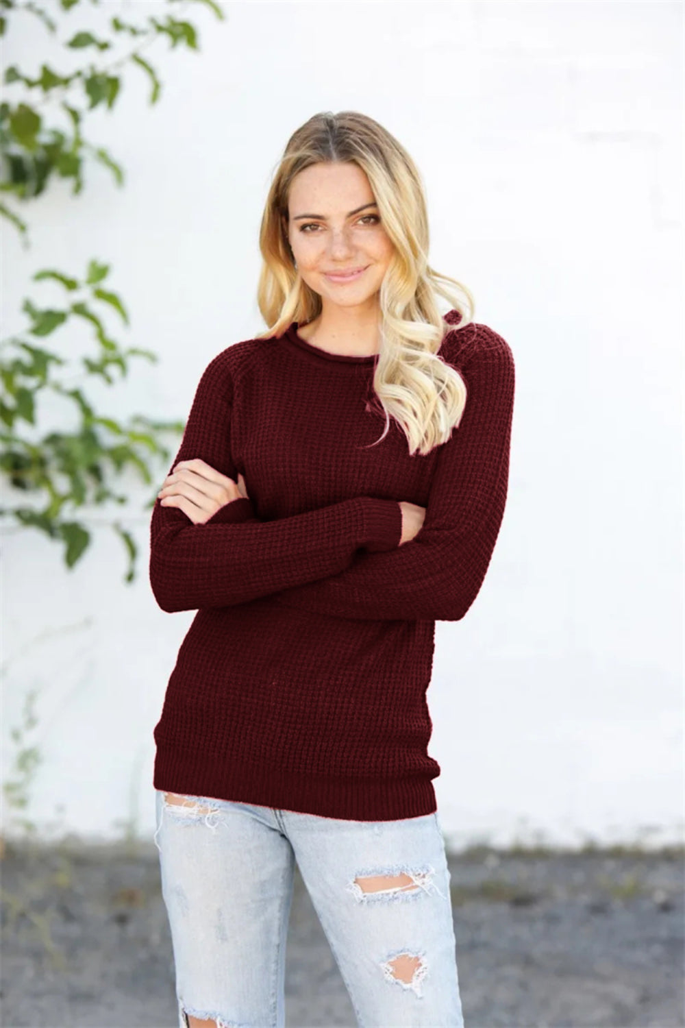 Round Neck Raglan Sleeve Sweater - felvior
