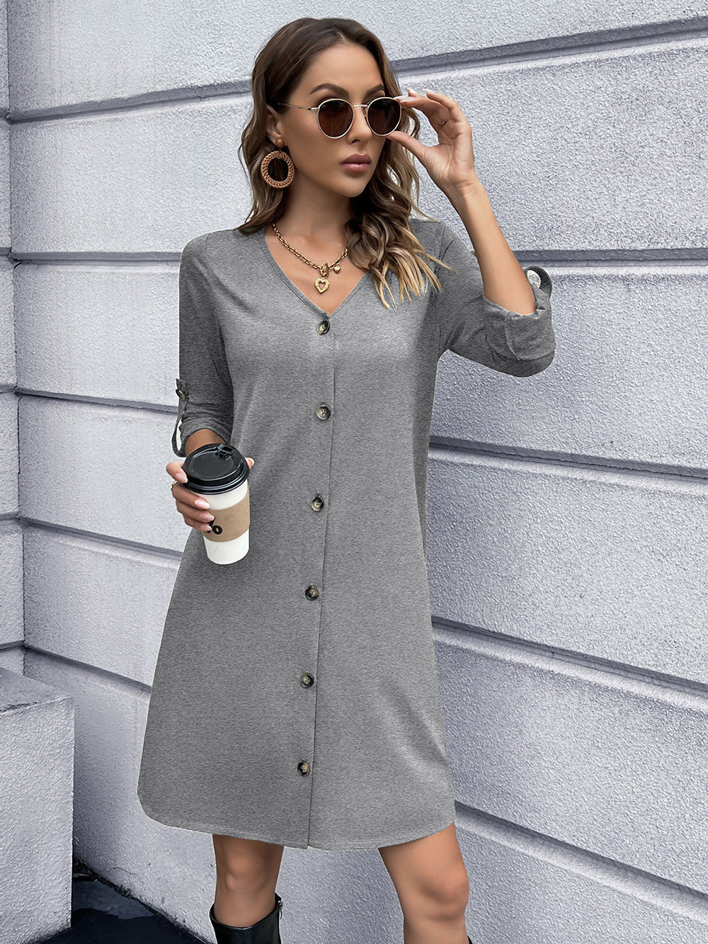 Ivy Lane Button Down V-Neck Mini Dress - felvior